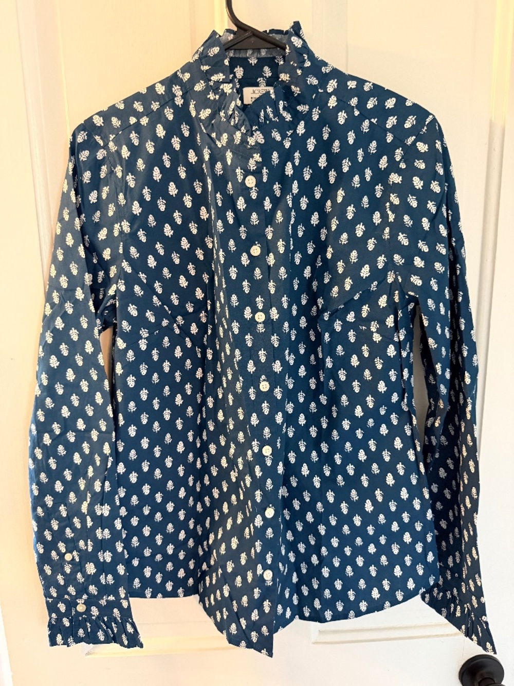 J.Crew Printed Ruffle Button-Up Shirt | Peacock Ivory, women's medium